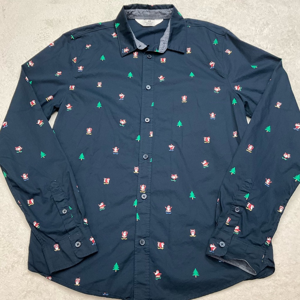 H&M Skateboard Santa Christmas Holiday Navy Long Sleeve Button Down Shirt - Picture 2 of 8